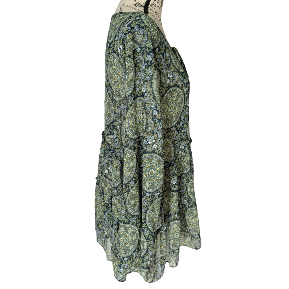 Loft Blouse Paisley Sheer XL‎ Green Boho Peasant Baby Doll Tiered Bell Sleeve - Picture 8 of 14